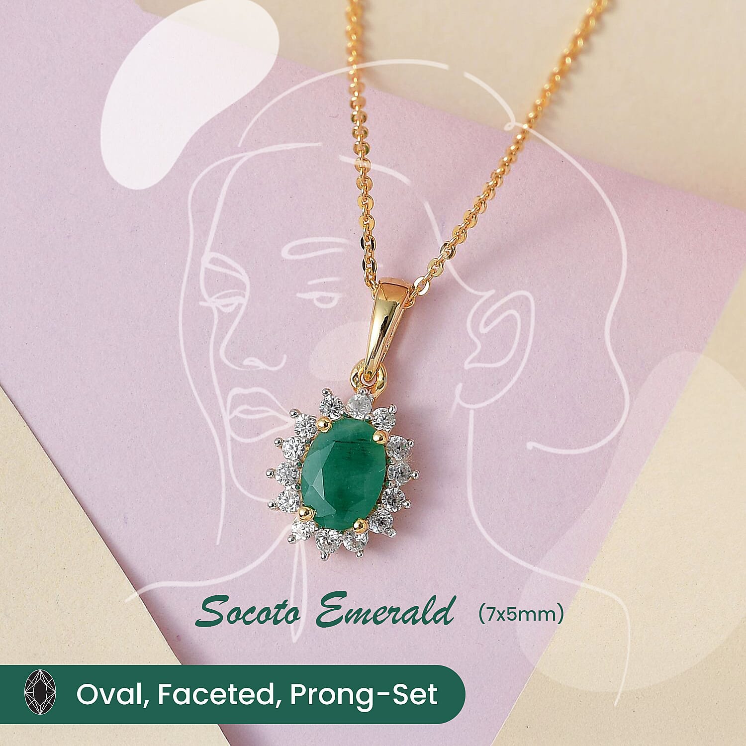 Emerald and Natural Zircon Halo Pendant with Chain (Size 20) in 18K Yellow Gold Vermeil Plated Sterling Silver 1.03 Ct